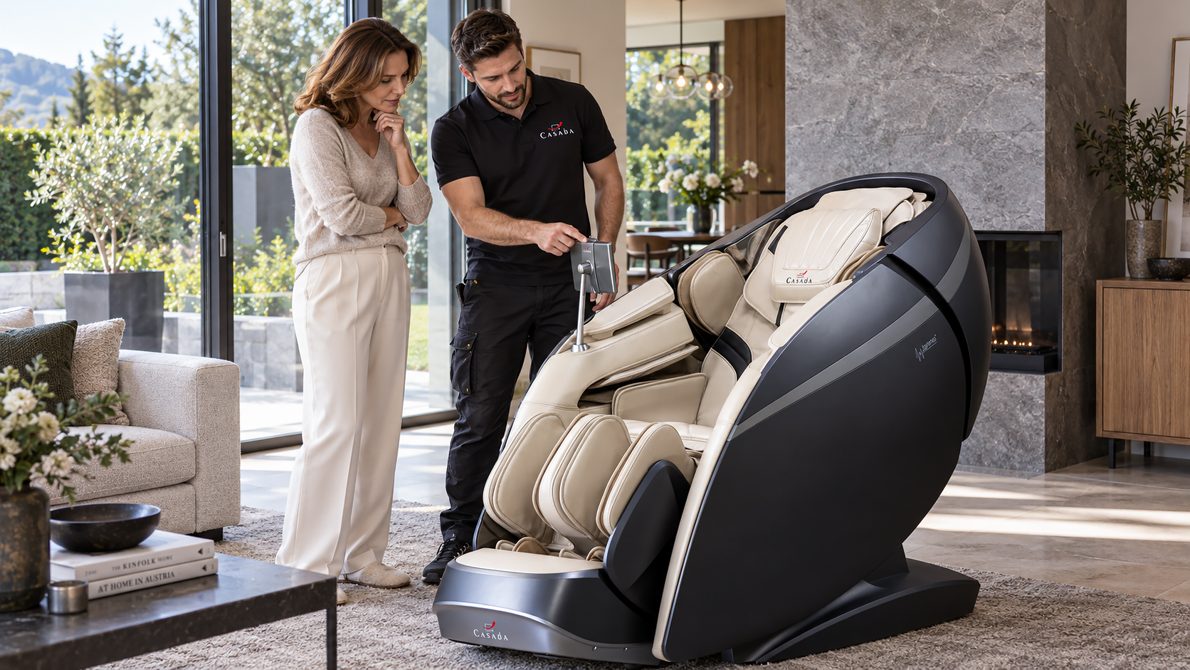 Casada Mitarbeiter erklärt einer Kundin in Österreich die Bedienung und Funktionen ihres neuen Massagesessels