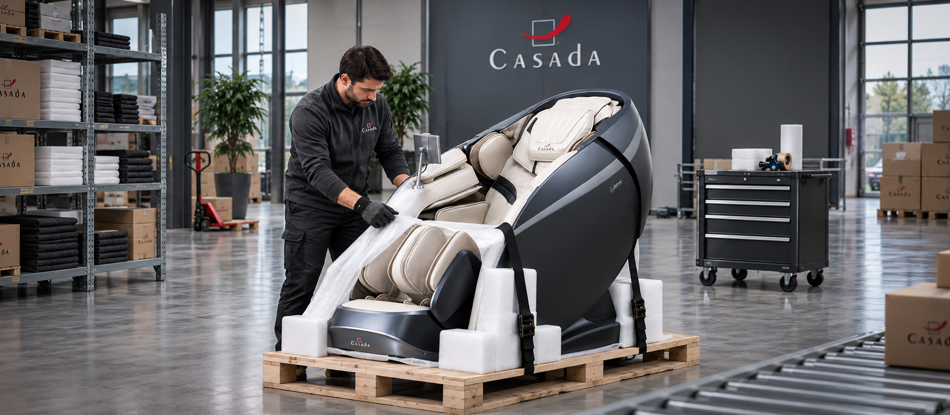 Casada Massagesessel wird professionell und transportsicher für die Lieferung in Österreich vorbereitet
